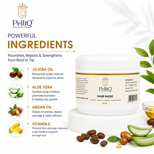 PelliQ Hair Mask with Jojoba Oil, Argan Oil & Vitamin E | Deep Conditioning & Repair | All Hair Types | 200 g