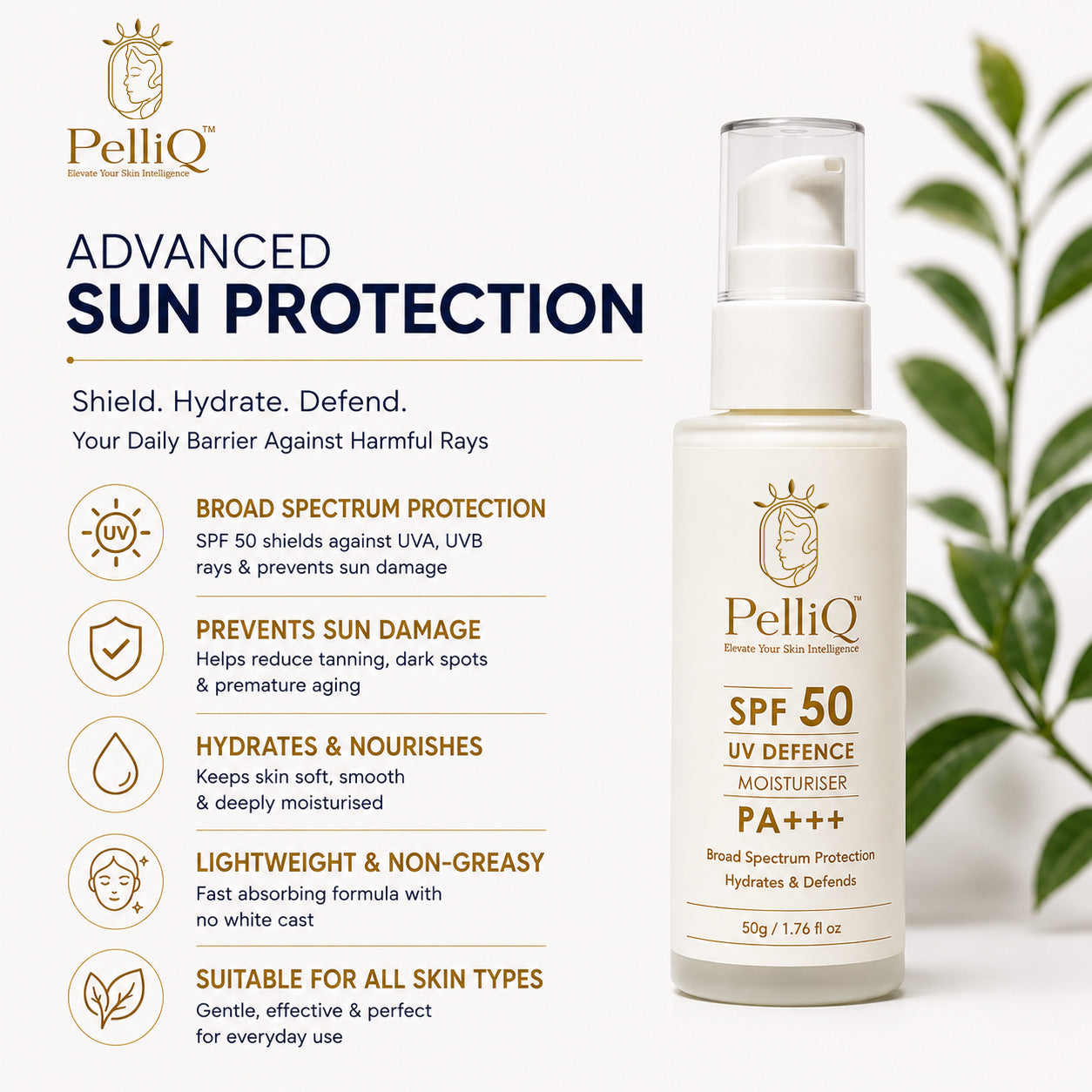 PelliQ SPF 50 Sunscreen PA+++ – UV Defence Moisturiser for Broad Spectrum Protection (50 g)