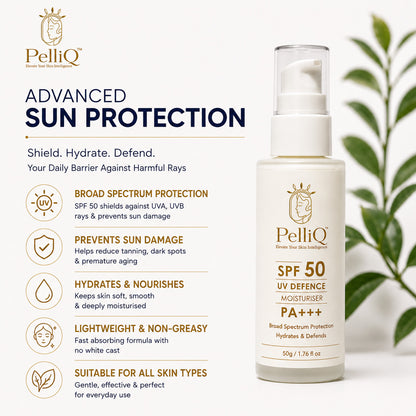 PelliQ SPF 50 Sunscreen PA+++ – UV Defence Moisturiser for Broad Spectrum Protection (50 g)