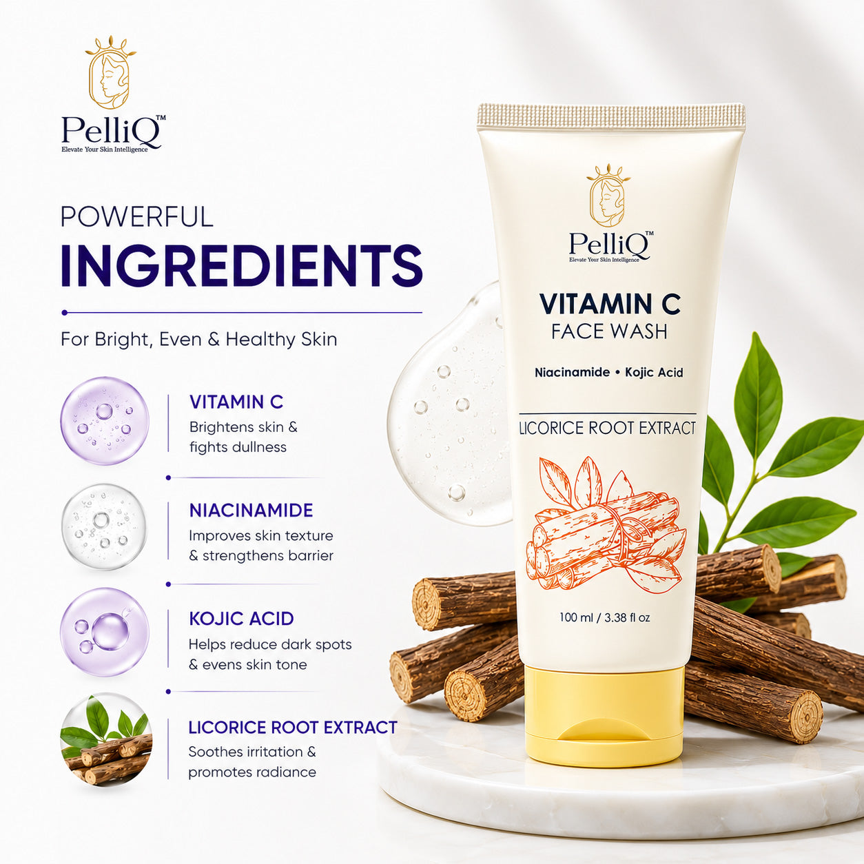 PelliQ Vitamin C Face Wash – Brightening Cleanser with Niacinamide & Kojic Acid (100 ml)