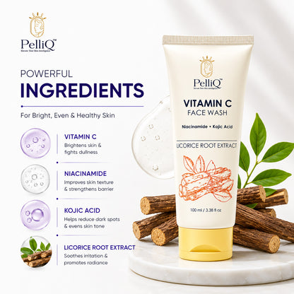 PelliQ Vitamin C Face Wash – Brightening Cleanser with Niacinamide & Kojic Acid (100 ml)