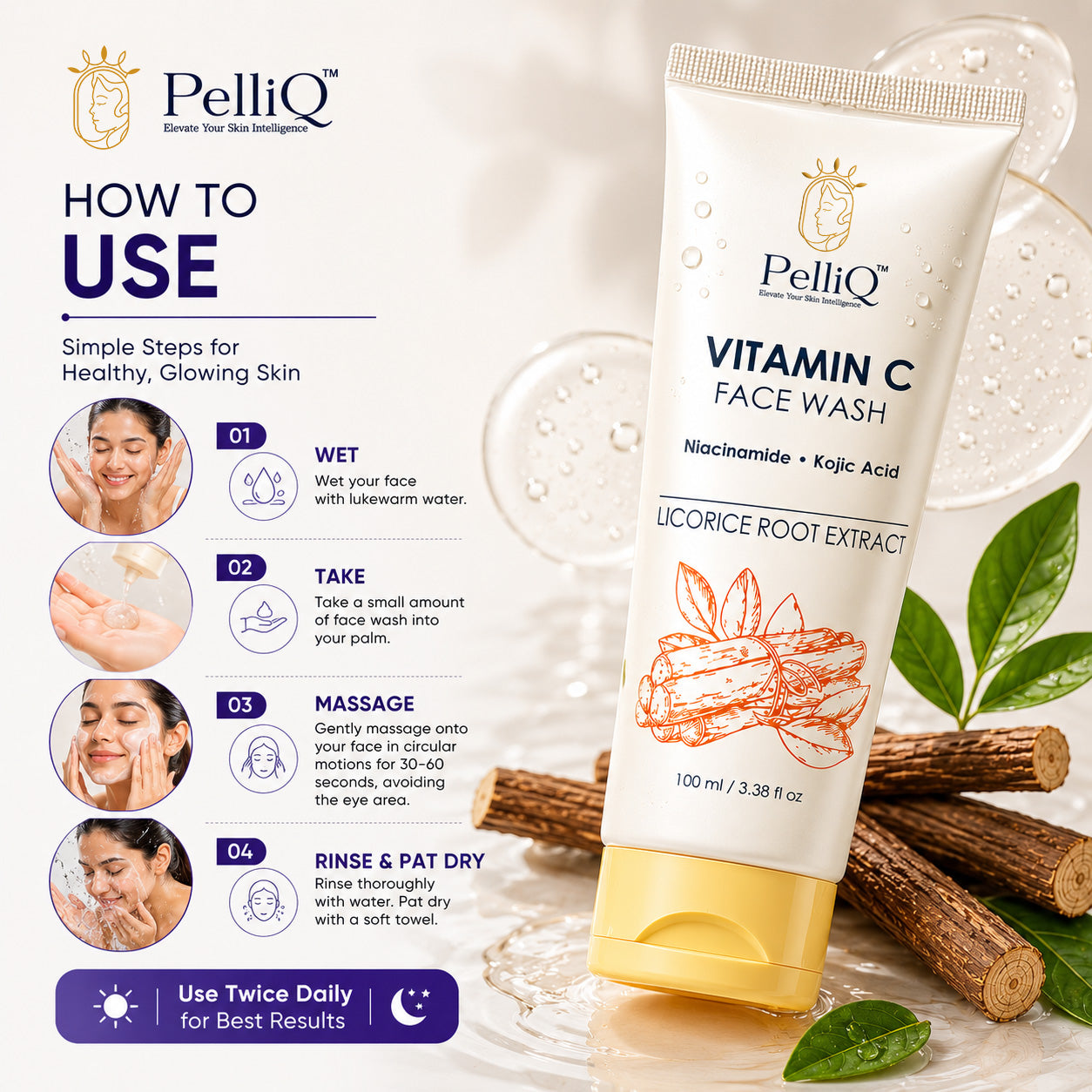 PelliQ Vitamin C Face Wash – Brightening Cleanser with Niacinamide & Kojic Acid (100 ml)